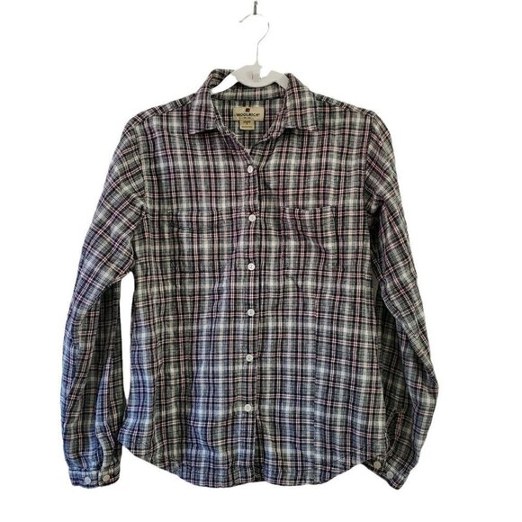 Woolrich Plaid Shirt Womens Small Ecru Button-up Top Pockets Long Sleeve Collar - Picture 1 of 11